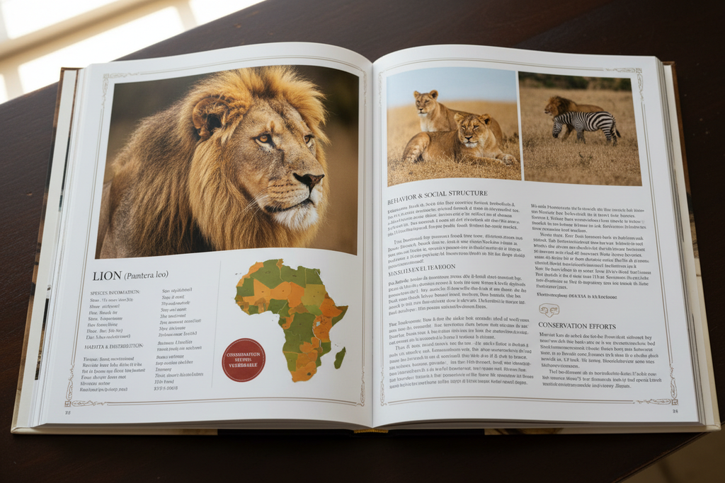Encyclopedia open spread - lion profile