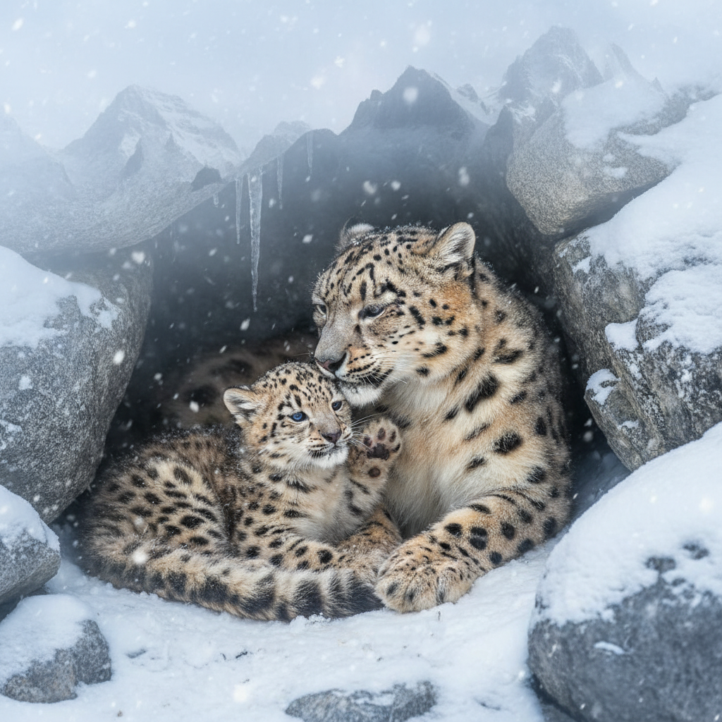 Snow leopard mother with cubs