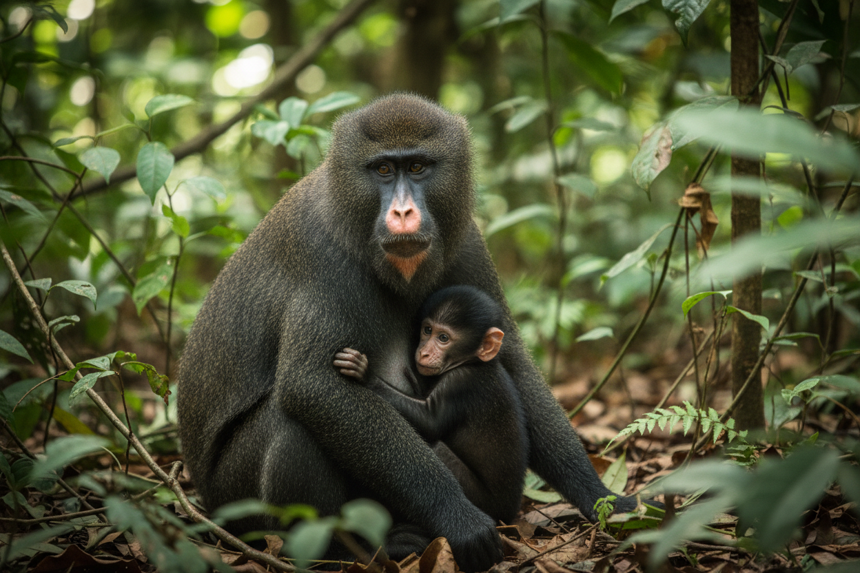 Drill monkey mother and infant in Cameroon rainforest