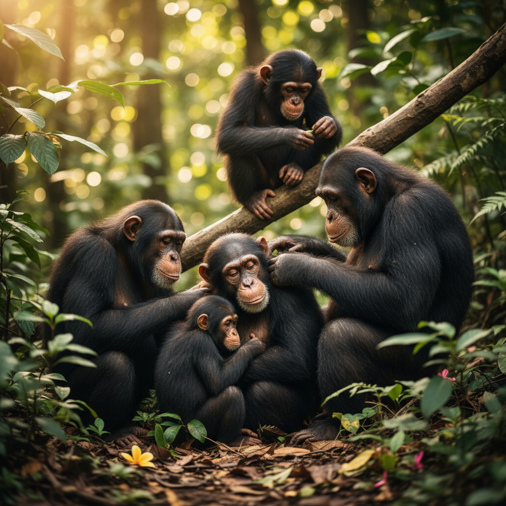 Chimpanzee family grooming