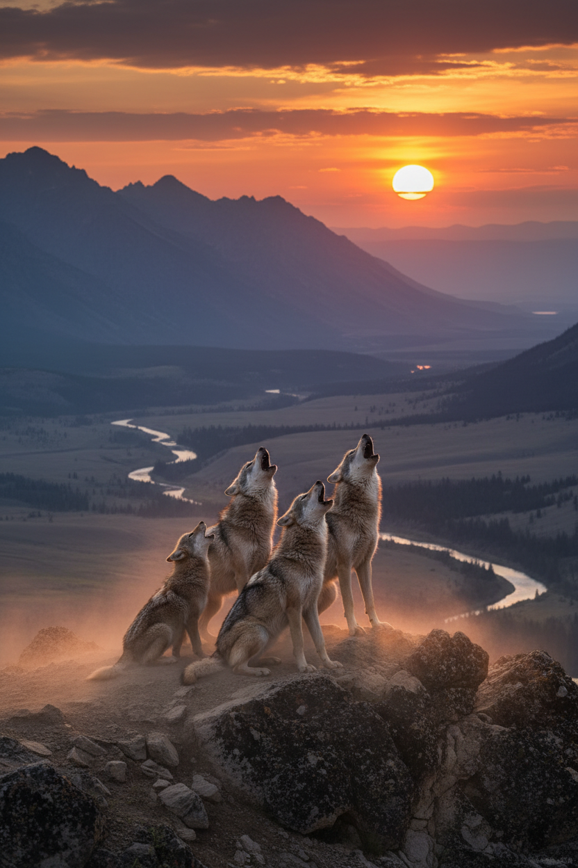 Wolf pack howling at sunset
