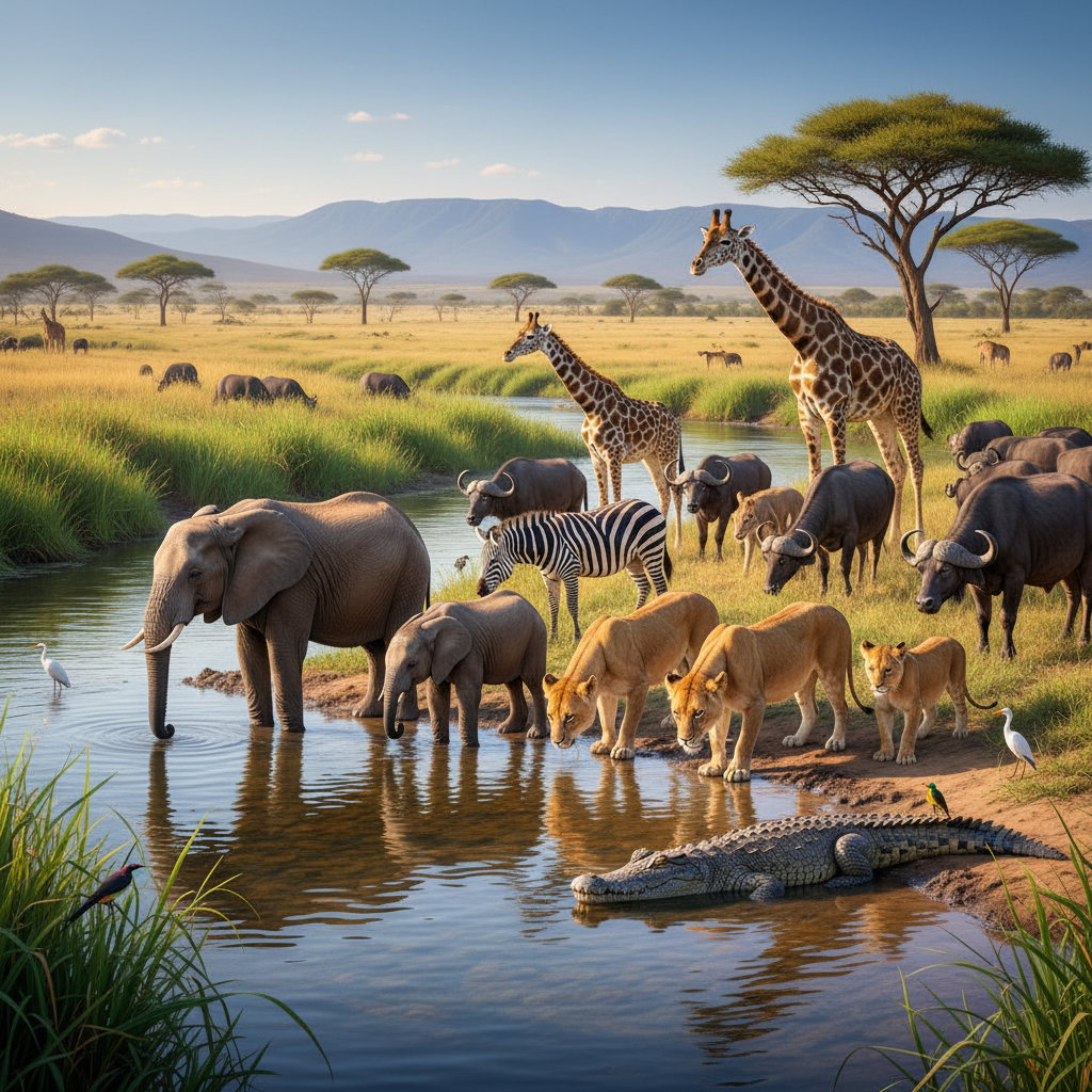 Crystal clear African river with diverse wildlife