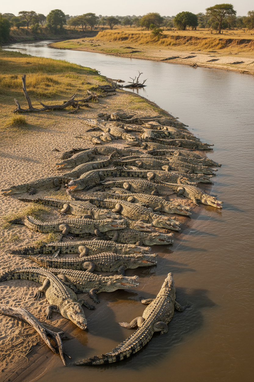 Crocodiles basking on riverbank