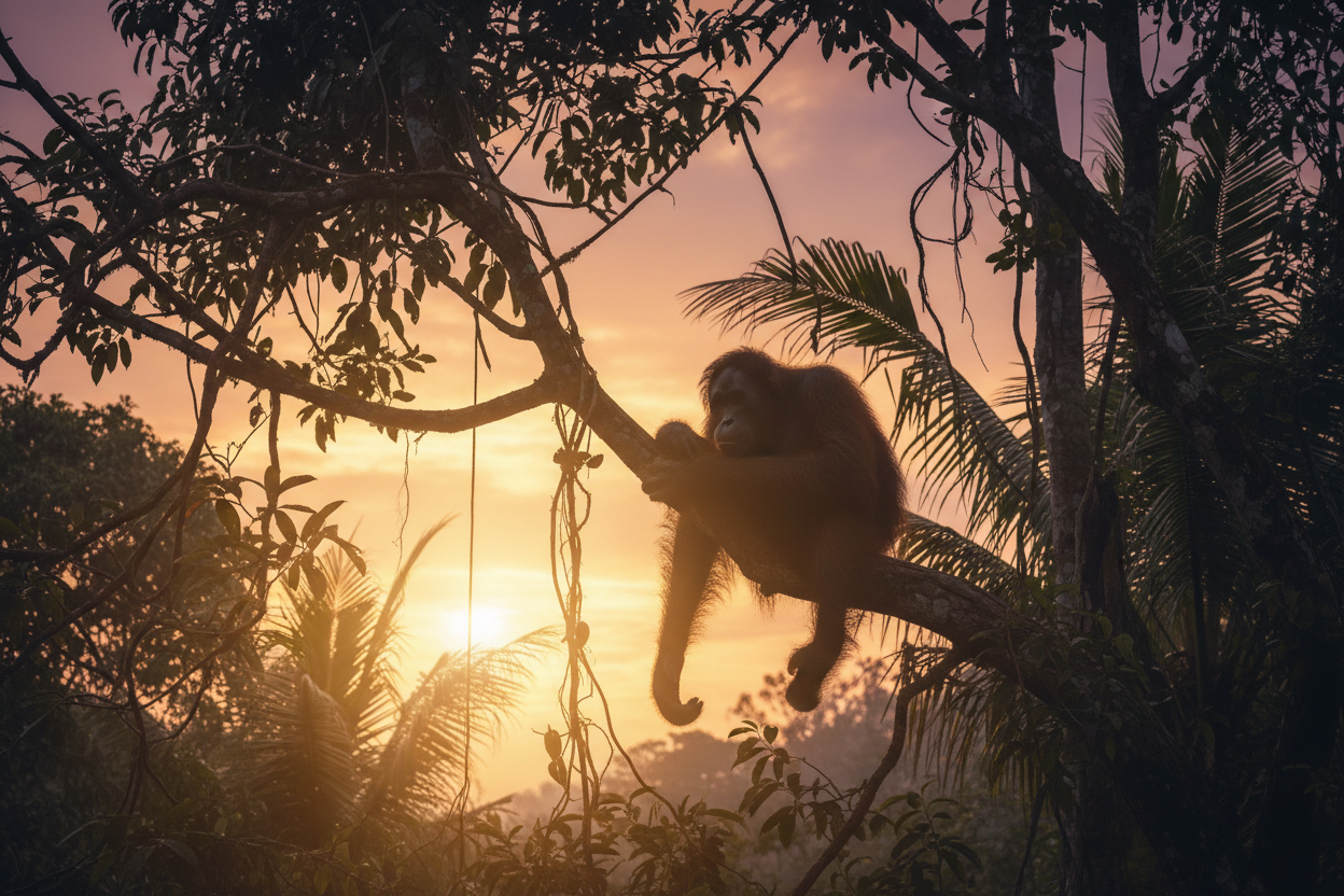 Bornean orangutan at golden hour in rainforest canopy