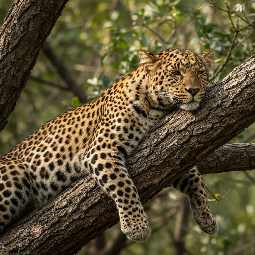Endangered Amur leopard resting on tree branch