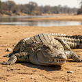 Nile crocodile basking on riverbank