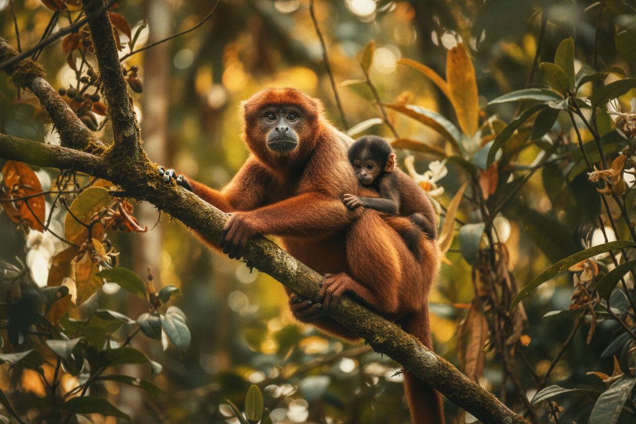 Howler monkey mother and infant in Amazon rainforest