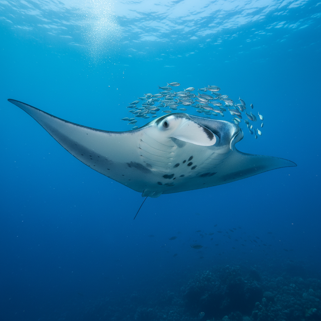 Giant manta ray gliding through deep blue ocean