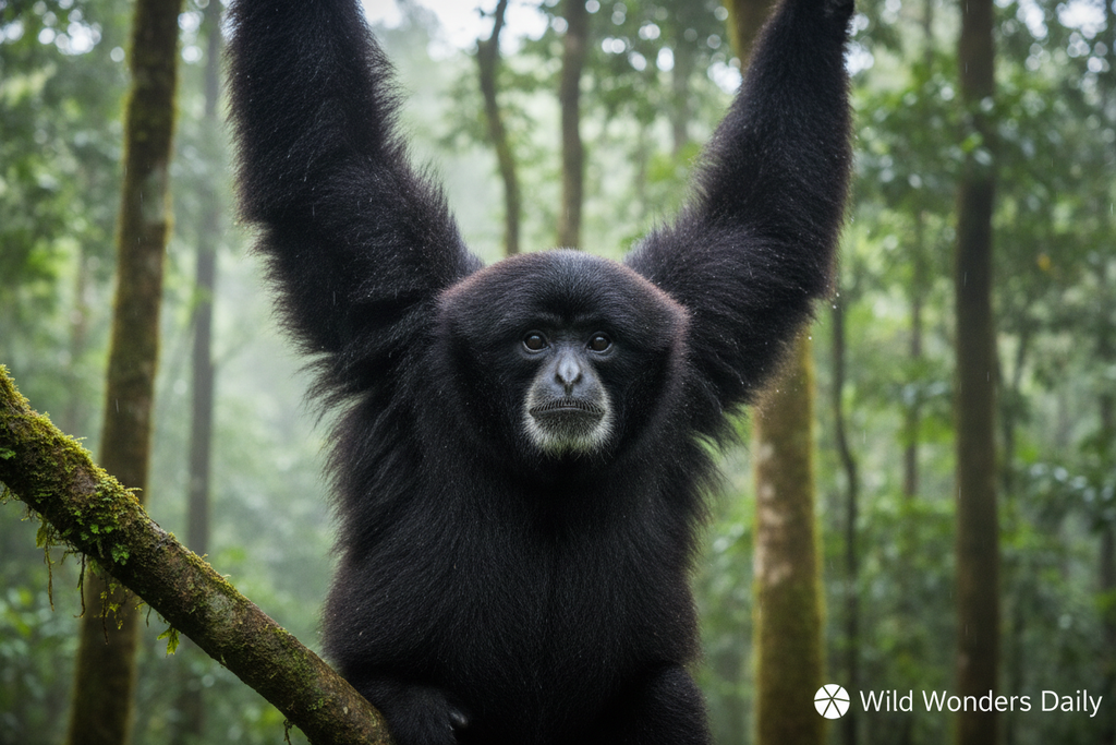 Siamang close-up portrait showing grey throat sac
