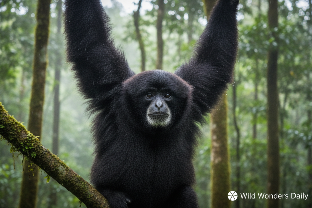 Siamang close-up portrait showing grey throat sac
