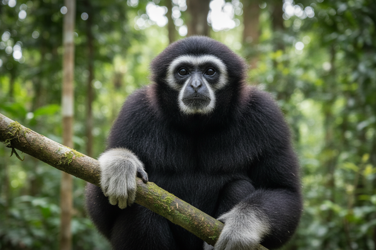 White-handed gibbon close-up showing distinctive white hands