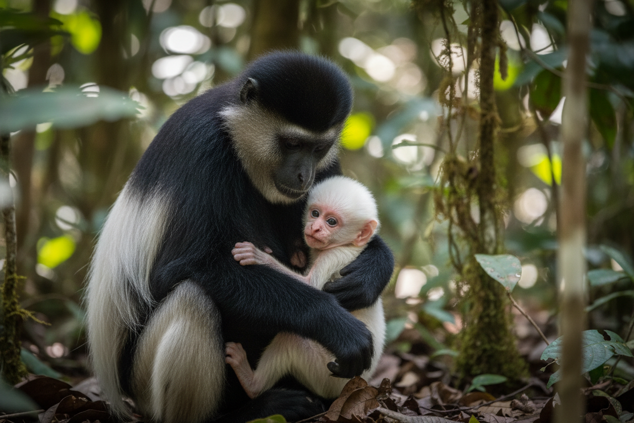 Colobus monkey mother with pure white newborn infant