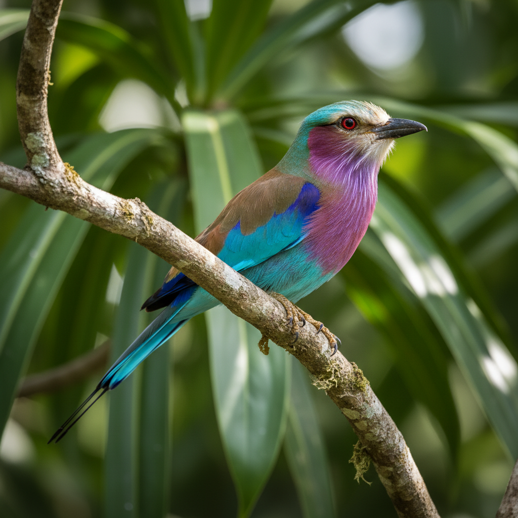 Colorful African bird perched on branch