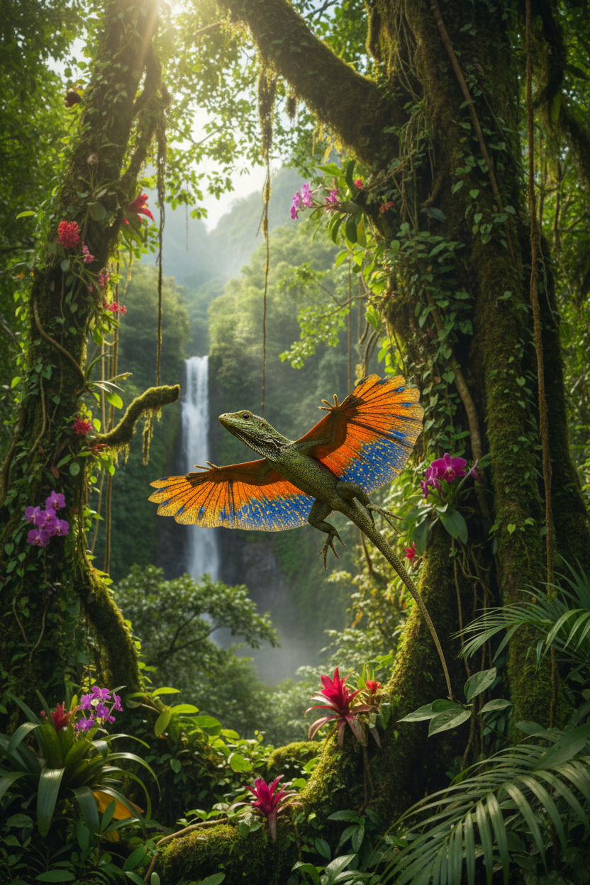 Flying lizard in rainforest