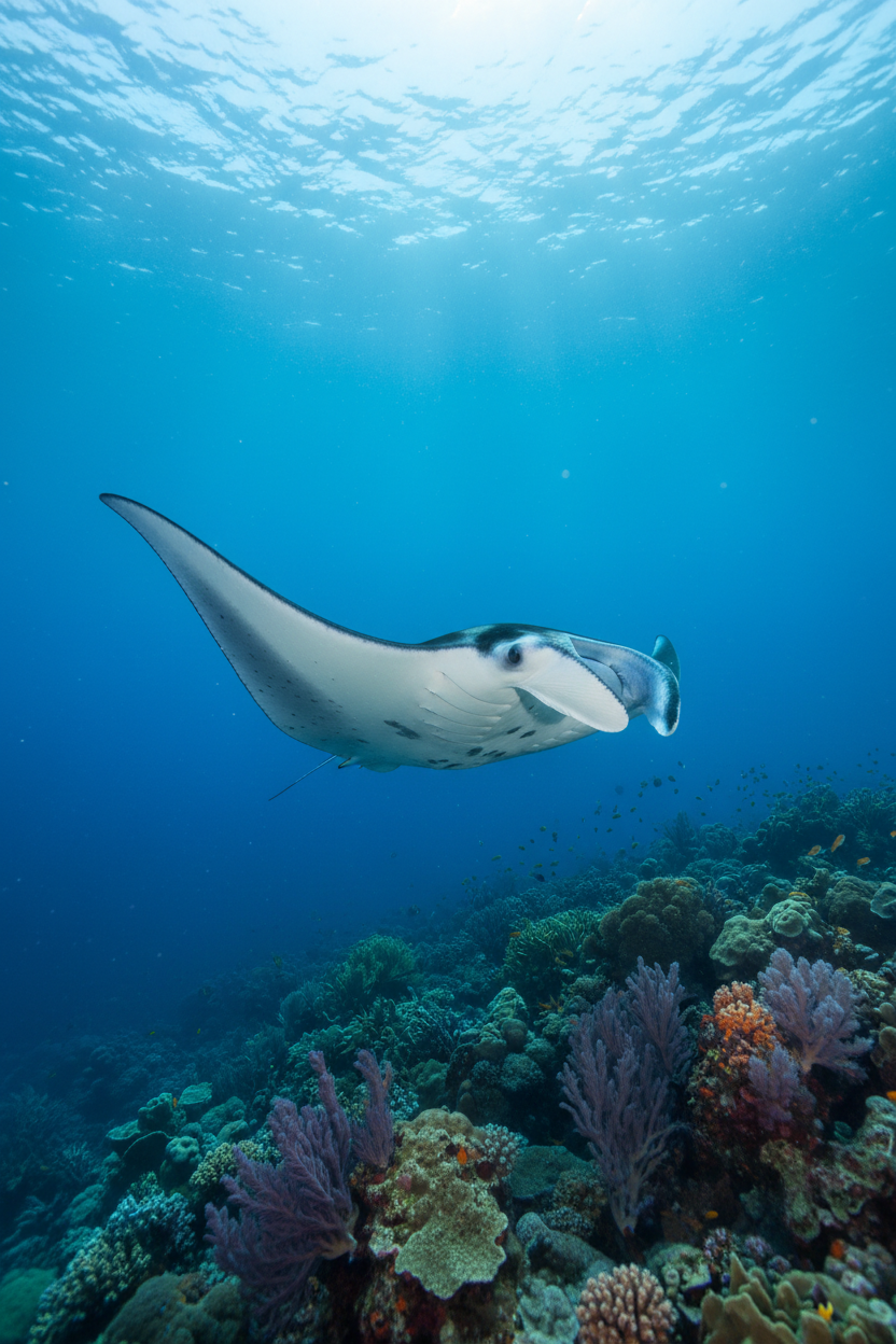Manta ray in deep blue water