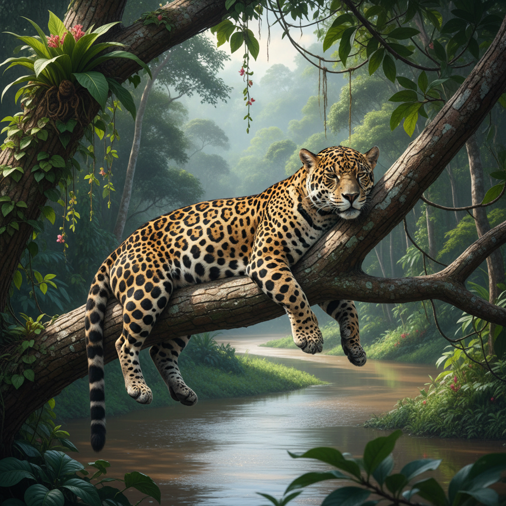 Jaguar resting on branch