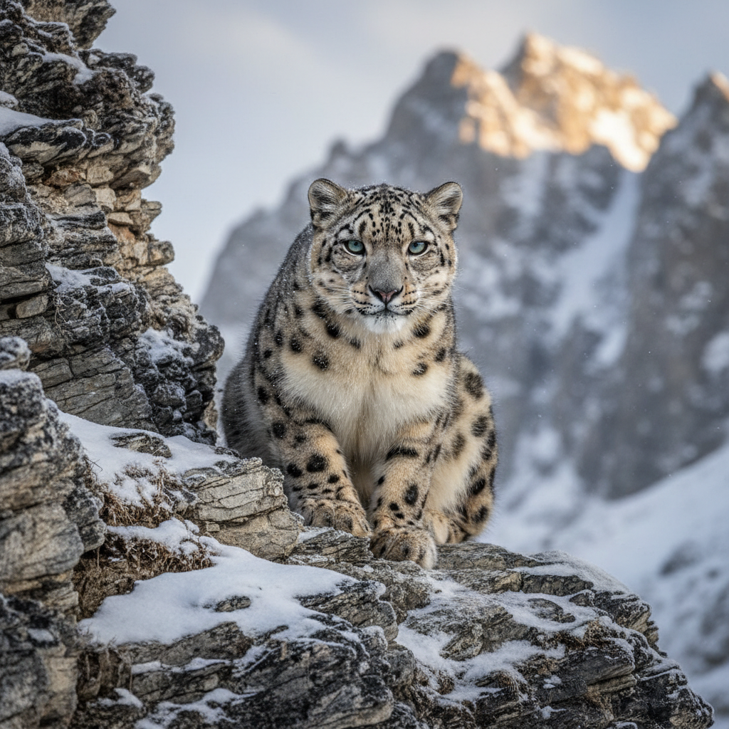 Endangered snow leopard on rocky mountain