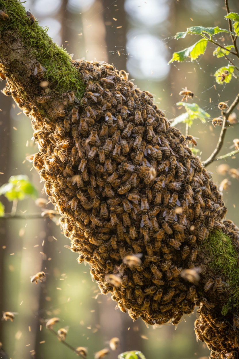 Honeybee swarm on tree branch