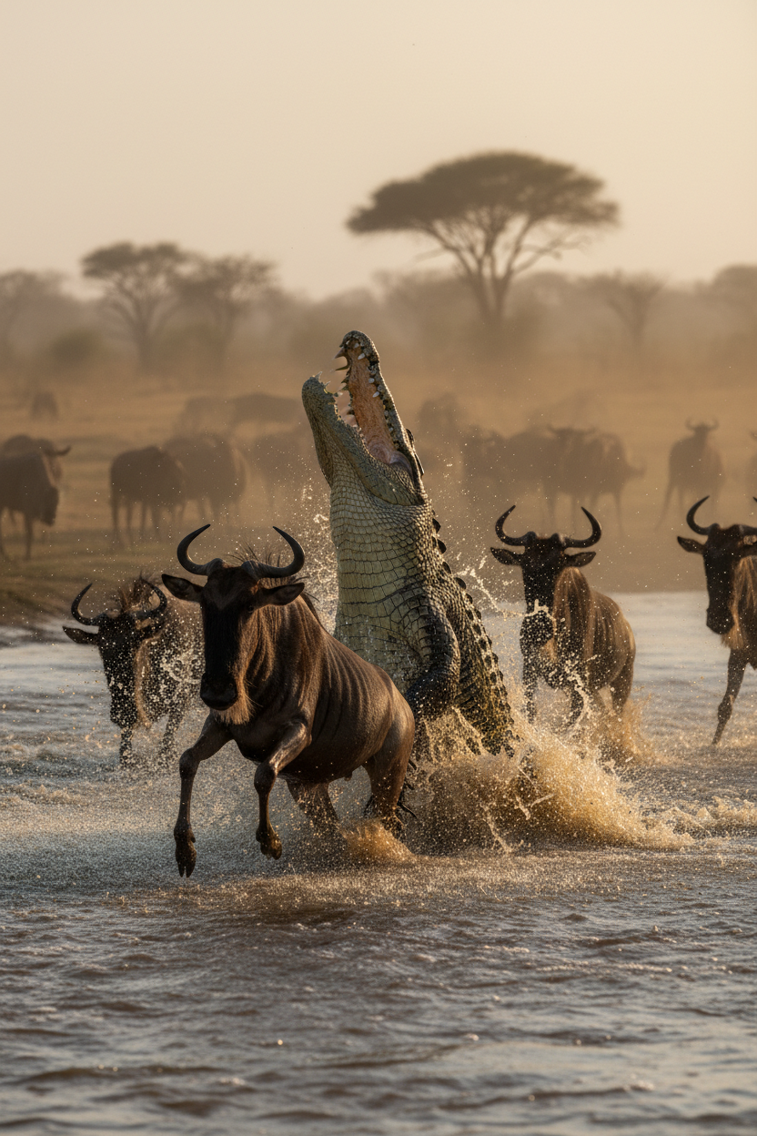Crocodile ambushing wildebeest