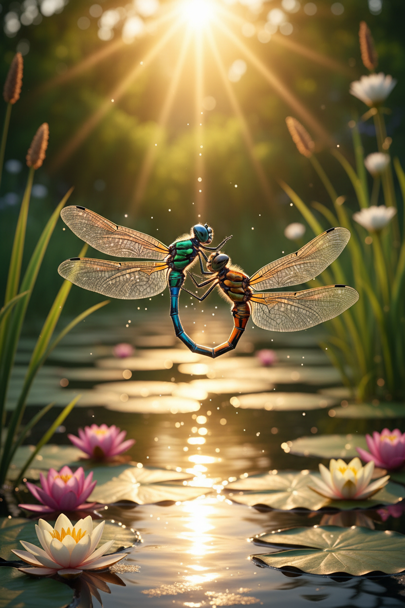 Dragonflies mating in flight