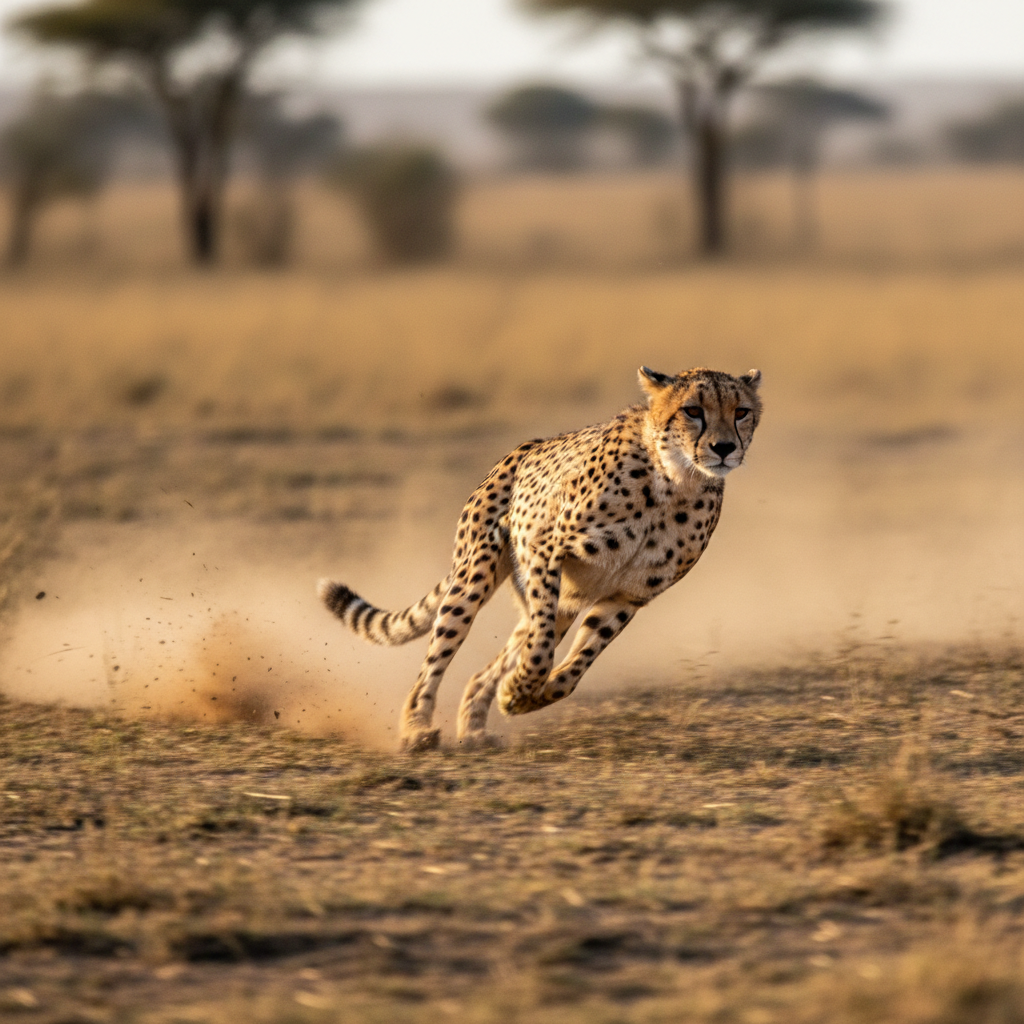 Cheetah running at full speed in African savanna