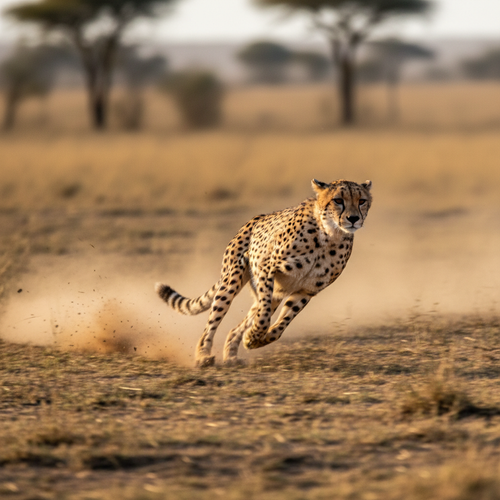 Cheetah running at full speed in African savanna
