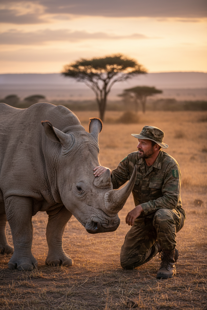 Anti-poaching ranger with rhino