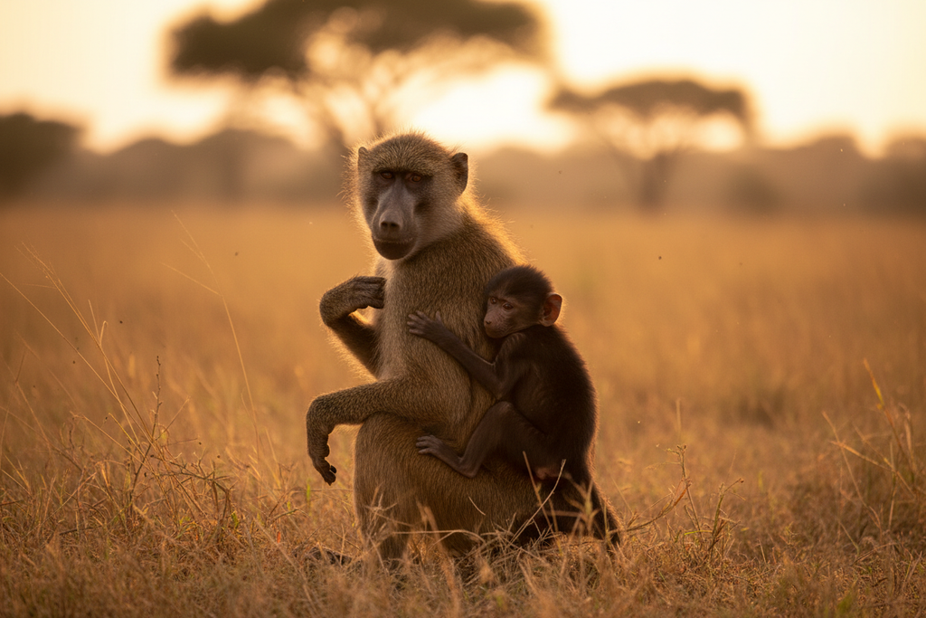 Mother olive baboon carrying infant on her back