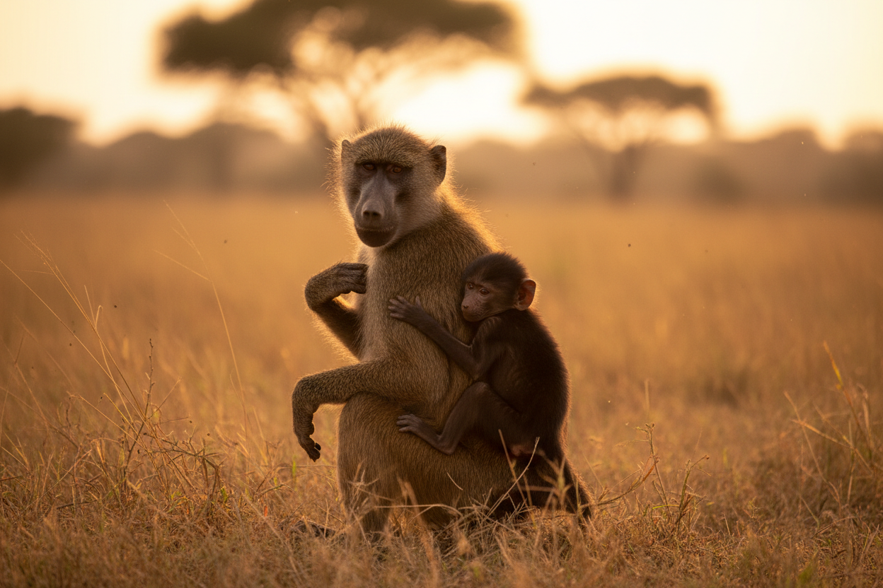 Mother olive baboon carrying infant on her back