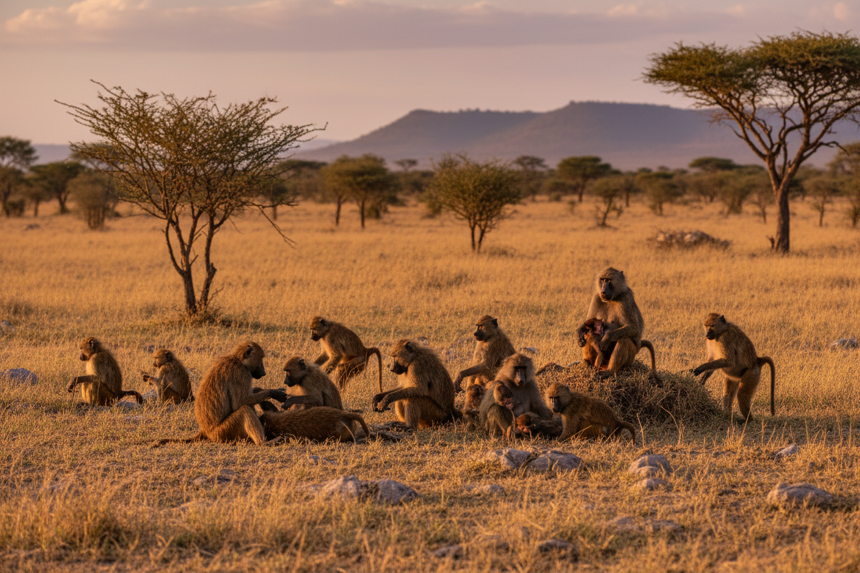 Olive baboon troop socializing on African savanna