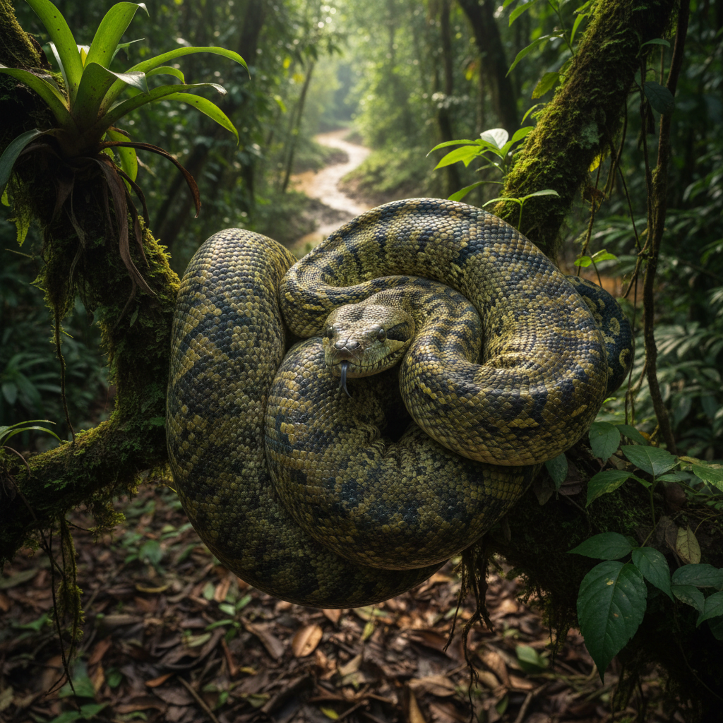 Green anaconda coiled in Amazon rainforest