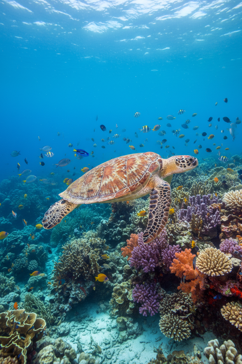 Sea turtle over coral reef