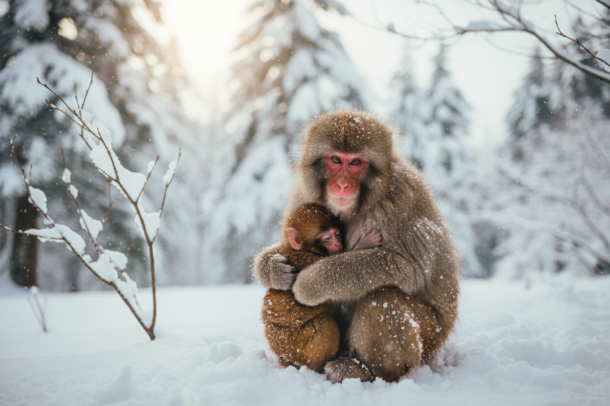 Japanese macaque mother and infant in snow