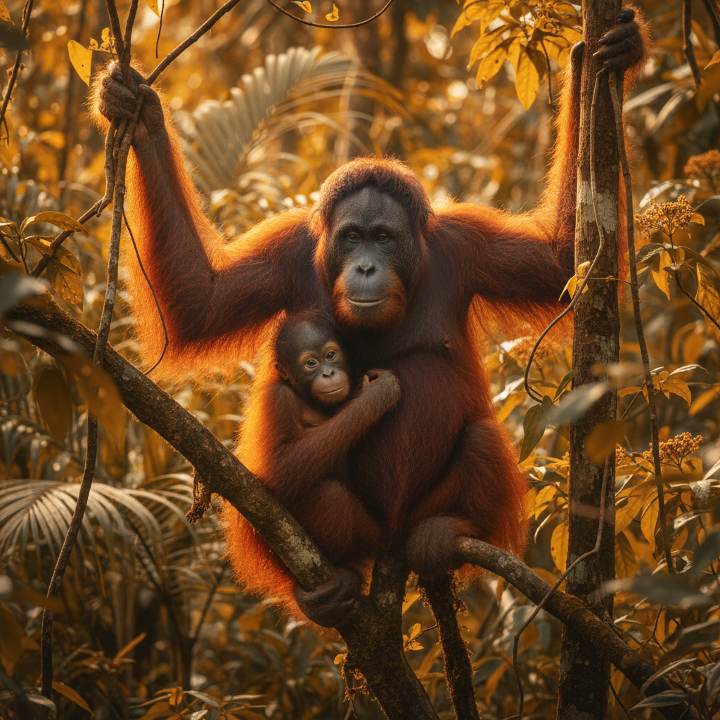 Endangered orangutan mother and baby in rainforest