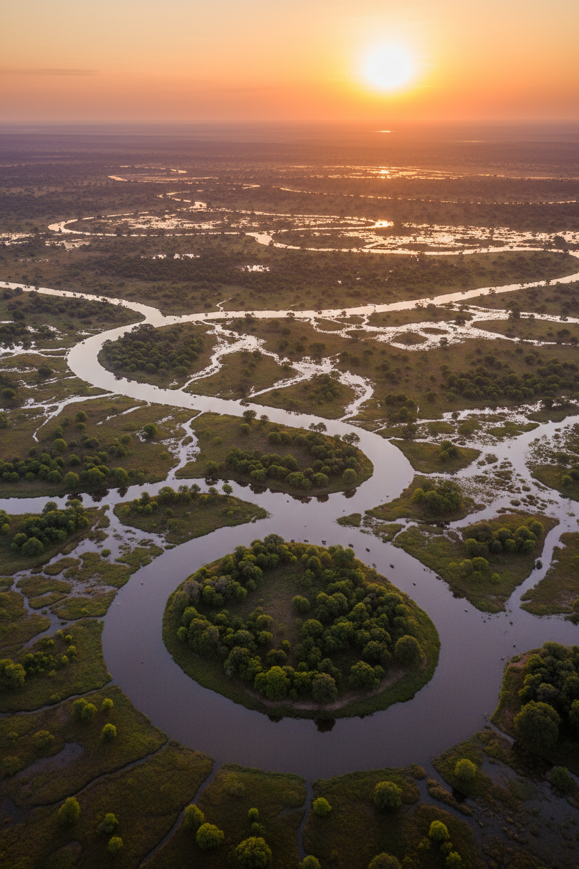 Aerial view of Okavango Delta at sunrise