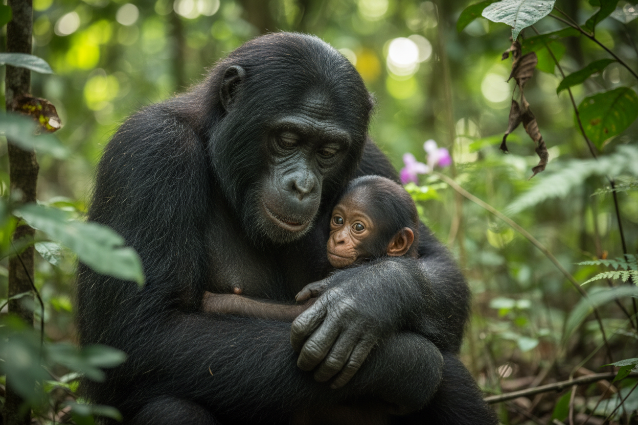 Bonobo mother and infant in Congo Basin rainforest