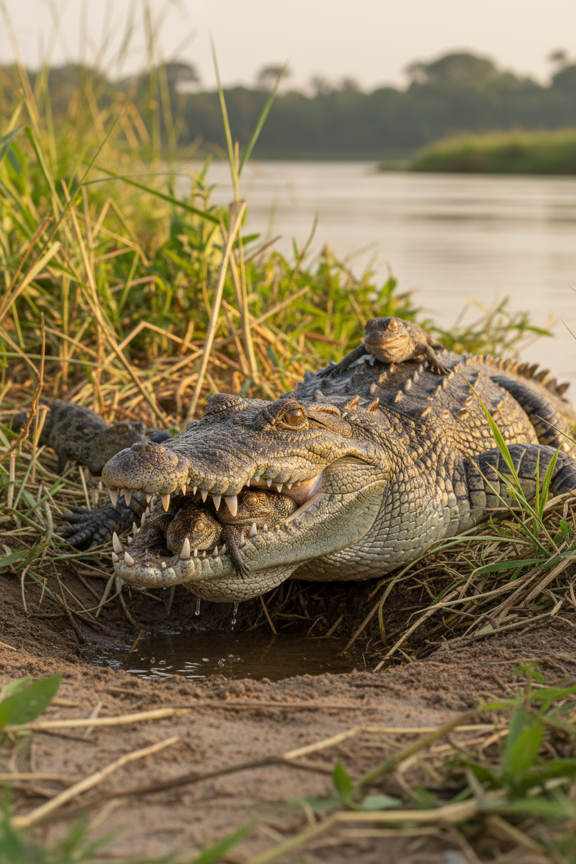 Mother crocodile with hatchlings
