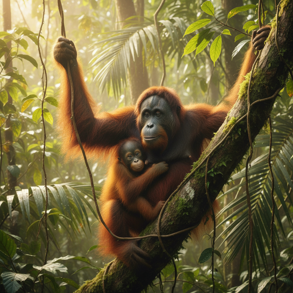 Orangutan mother and baby in rainforest canopy