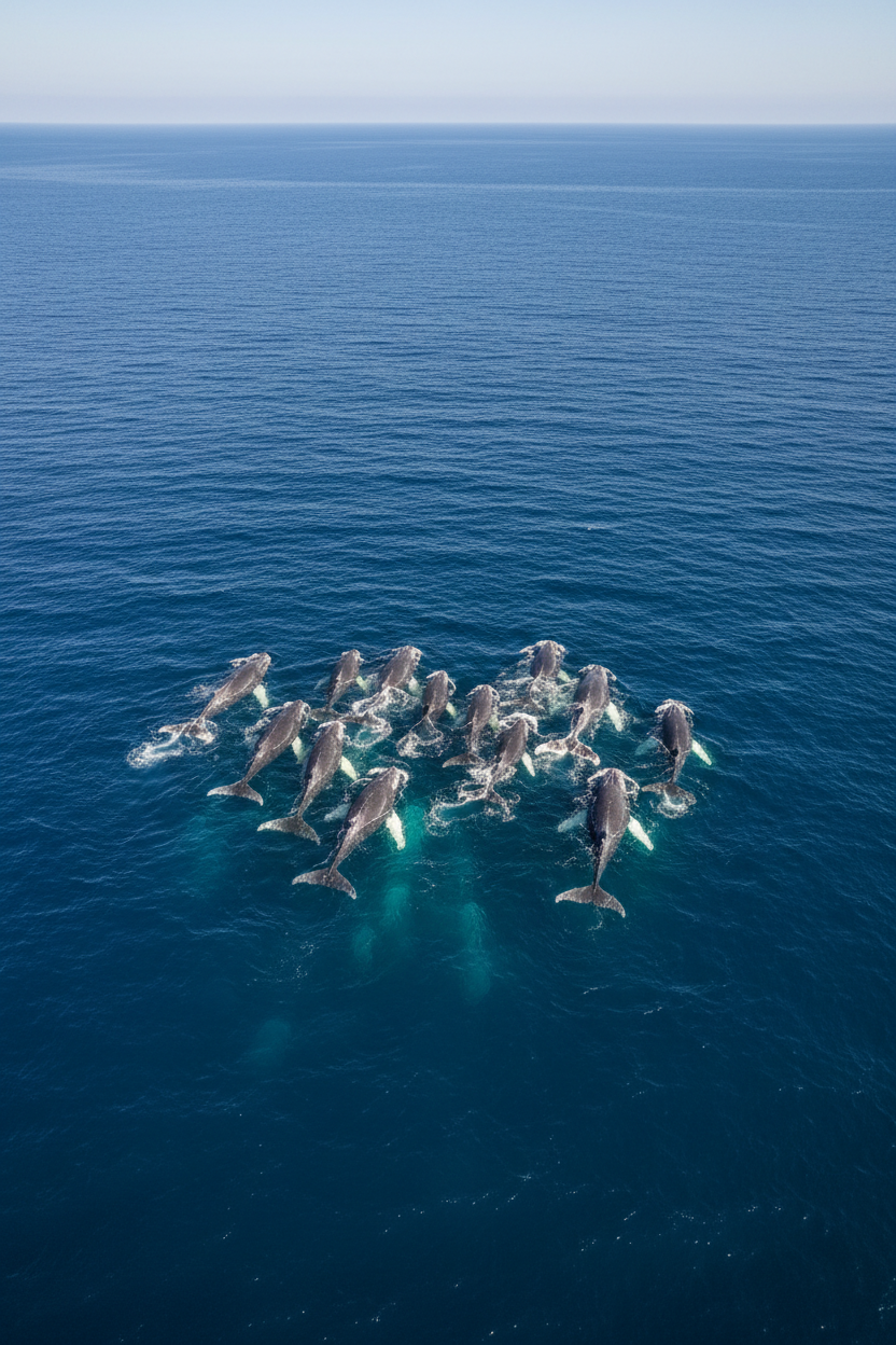 Pod of whales migrating aerial view