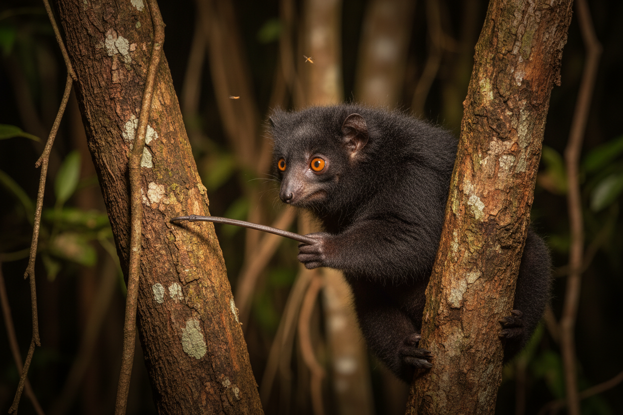 Aye-aye using elongated finger to tap tree bark at night