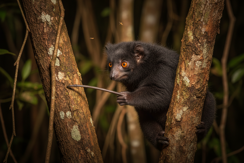 Aye-aye using elongated finger to tap tree bark at night