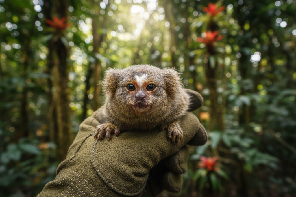 Pygmy marmoset close-up portrait showing tiny size