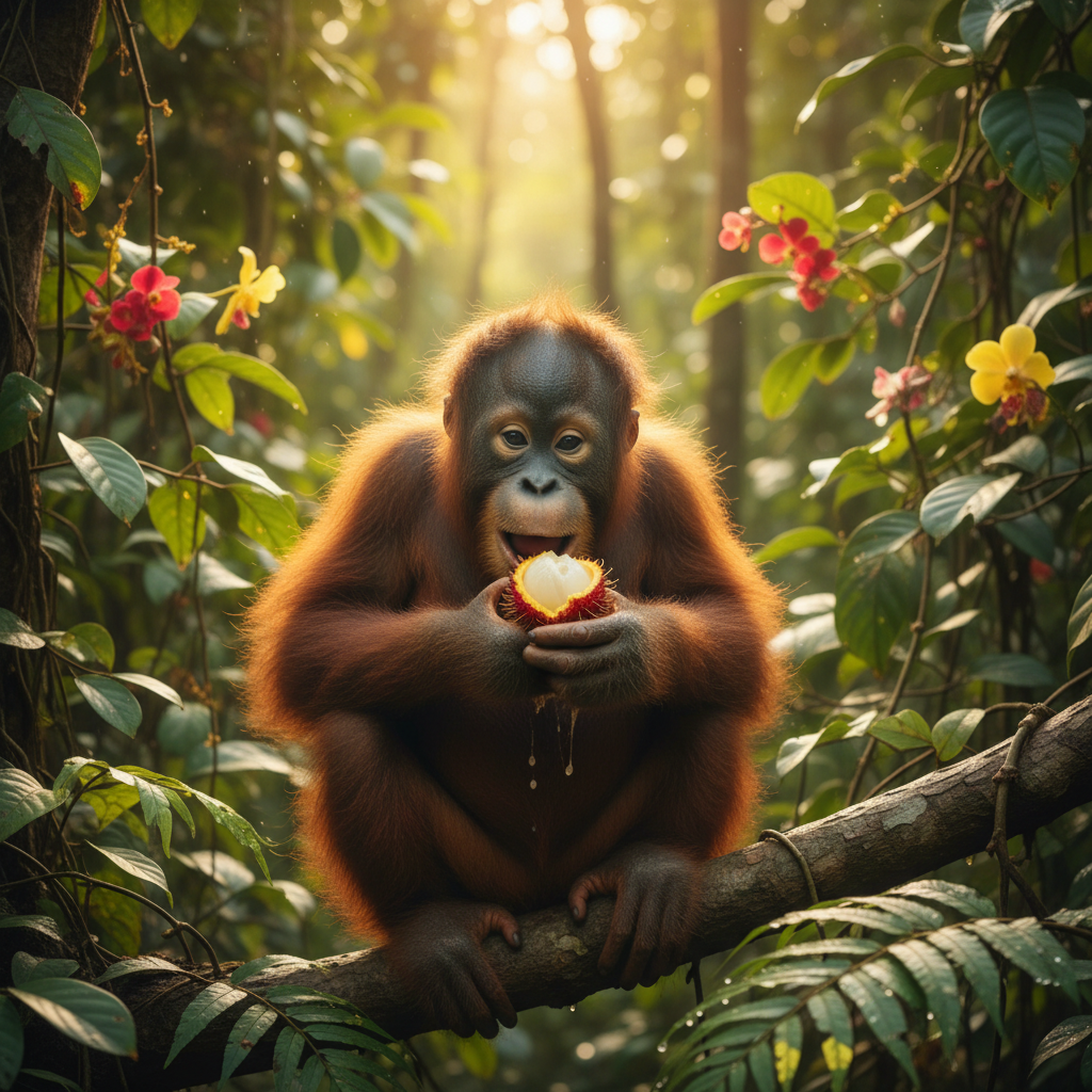 Young orangutan eating fruit