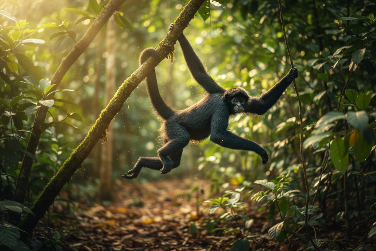 Black spider monkey swinging through Amazon rainforest canopy