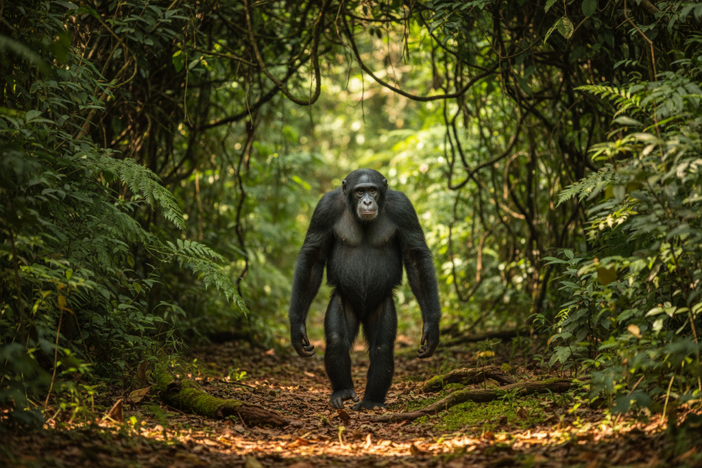Bonobo walking upright bipedally through Congo rainforest