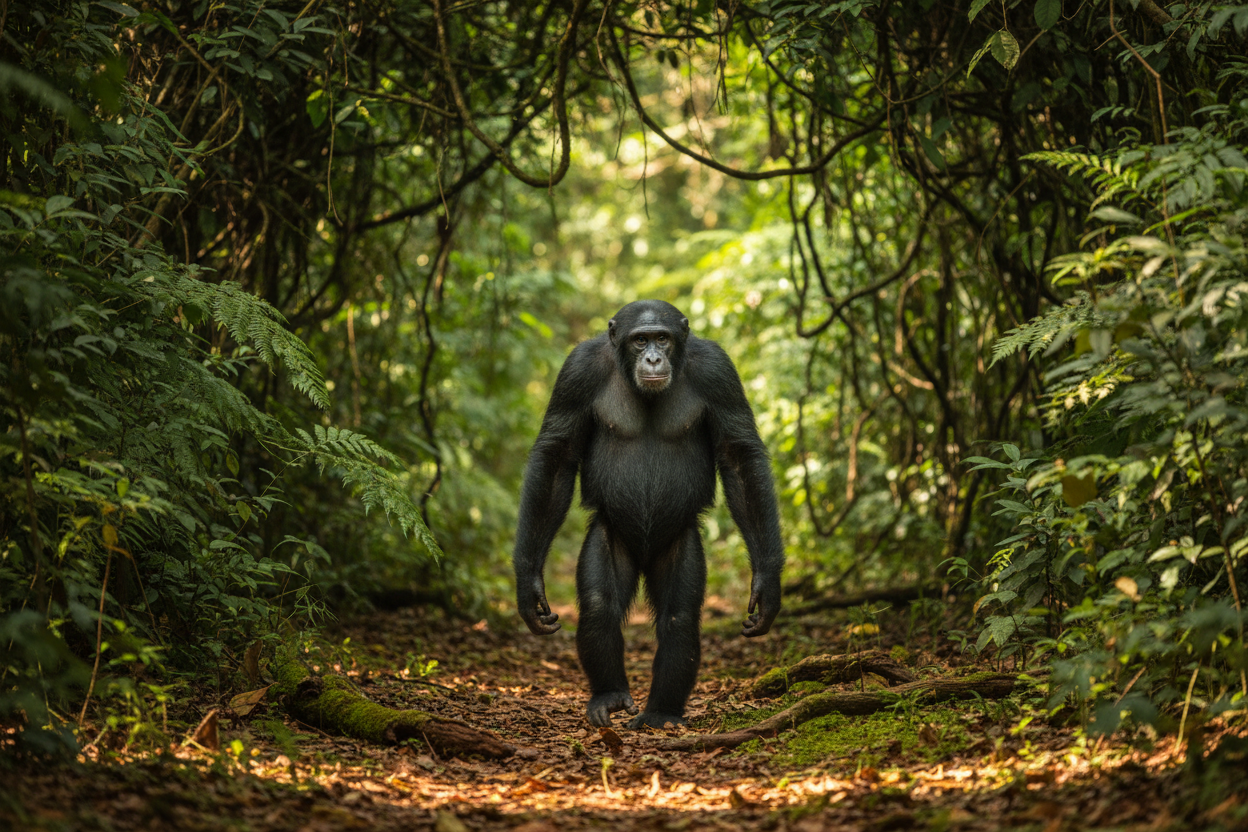 Bonobo walking upright bipedally through Congo rainforest