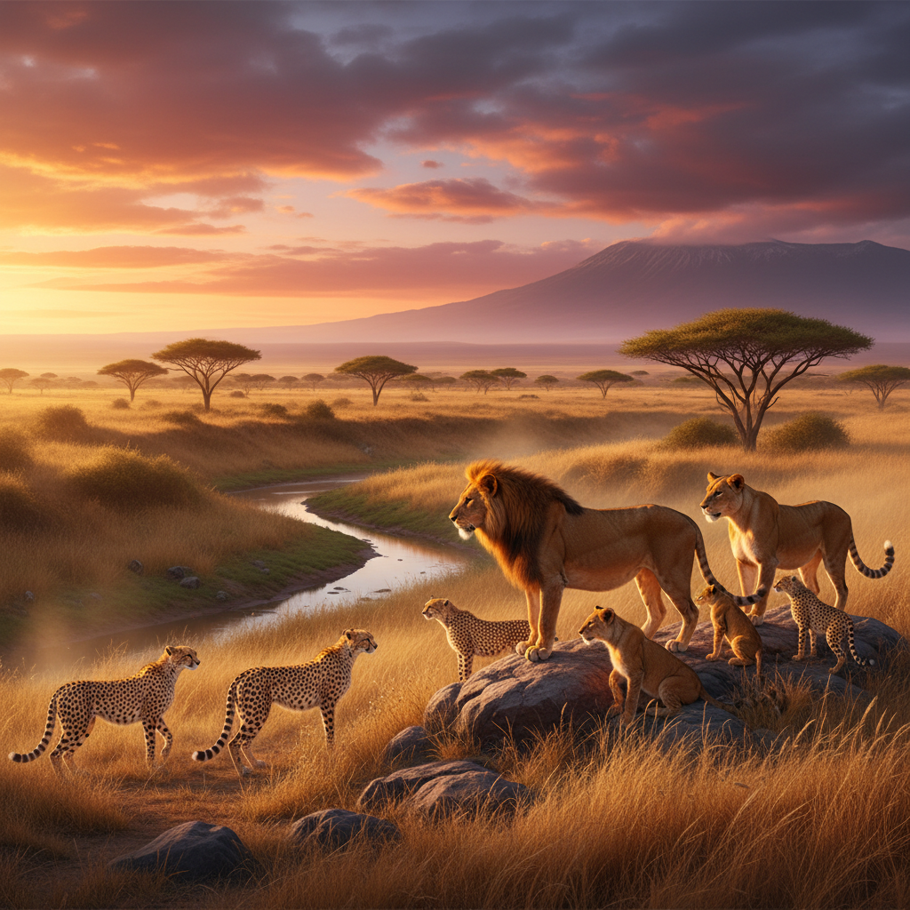 Lion pride and cheetah on savanna