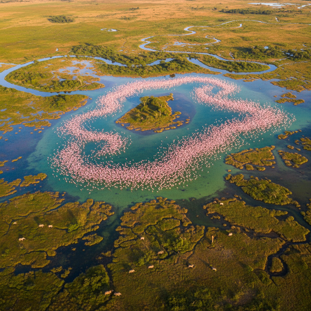 Pristine African wetlands with flamingos and wildlife