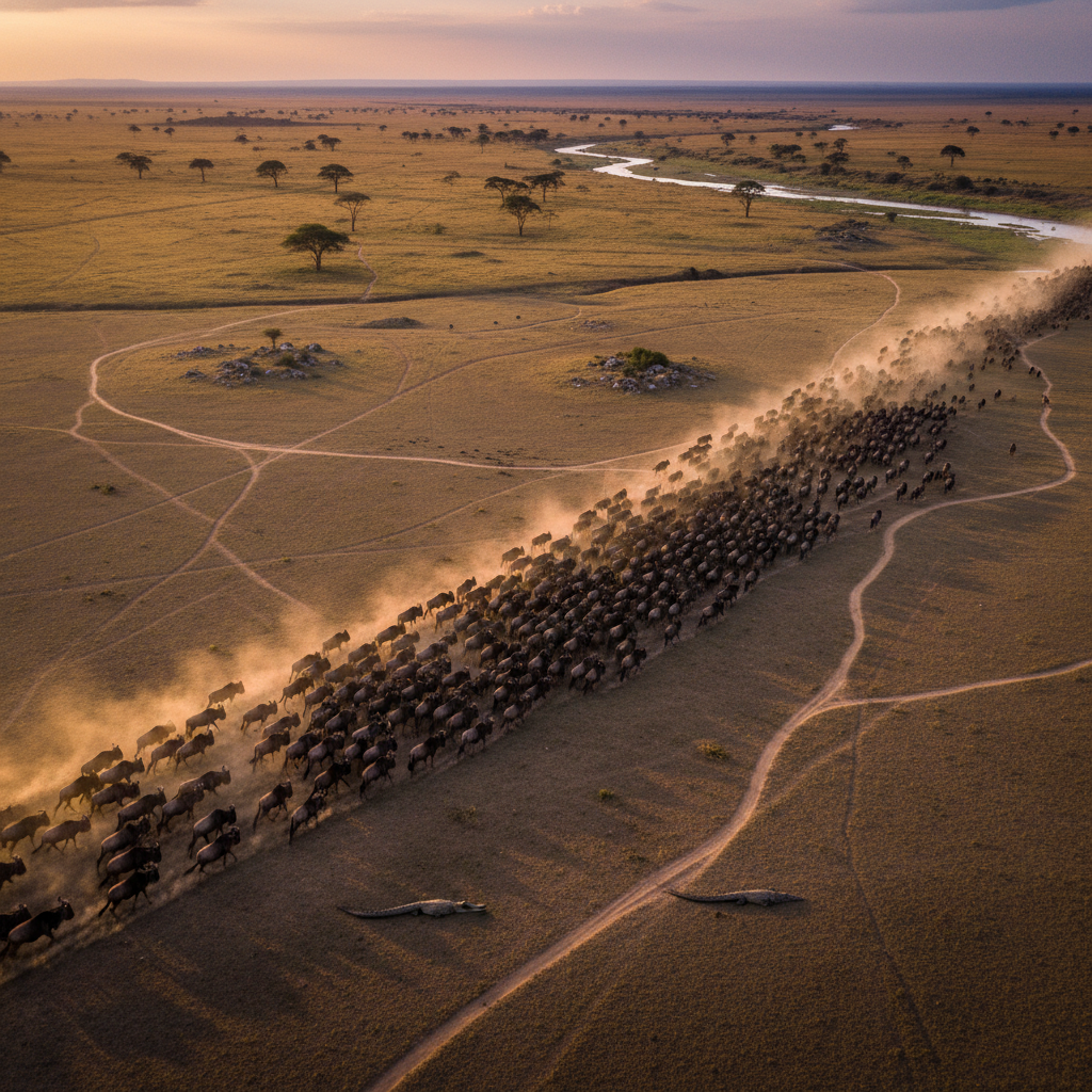 Aerial view of wildebeest migration in Serengeti