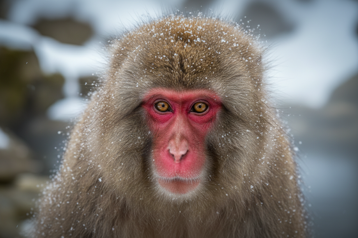 Japanese macaque close-up portrait with vivid red face in winter